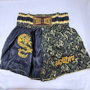 Muay Thai Boxing Shorts Dragon 3XL Black Fonts Words Patch Embroidered Thailand